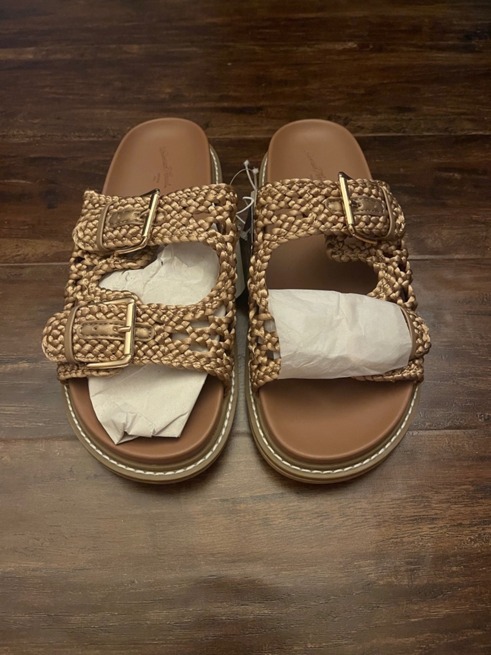 Size 8.5 Universal Thread Braided Double-Buckle Slide Sandals in Tan/Gold - Picture 3 of 9